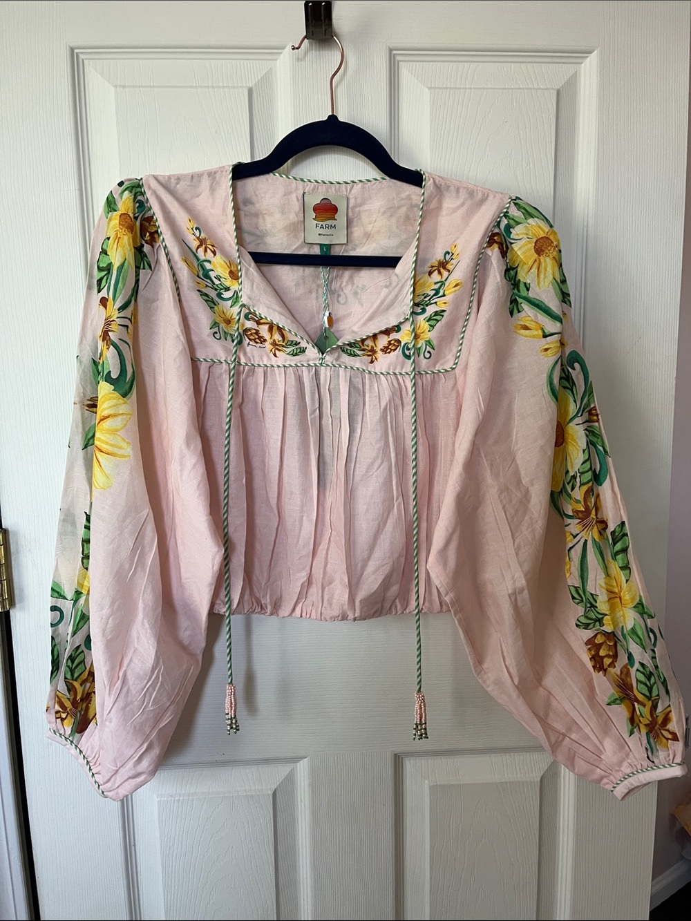 FARM Rio Pink Botanical Cropped Peasant Tunic with Yellow Floral Sleeves
